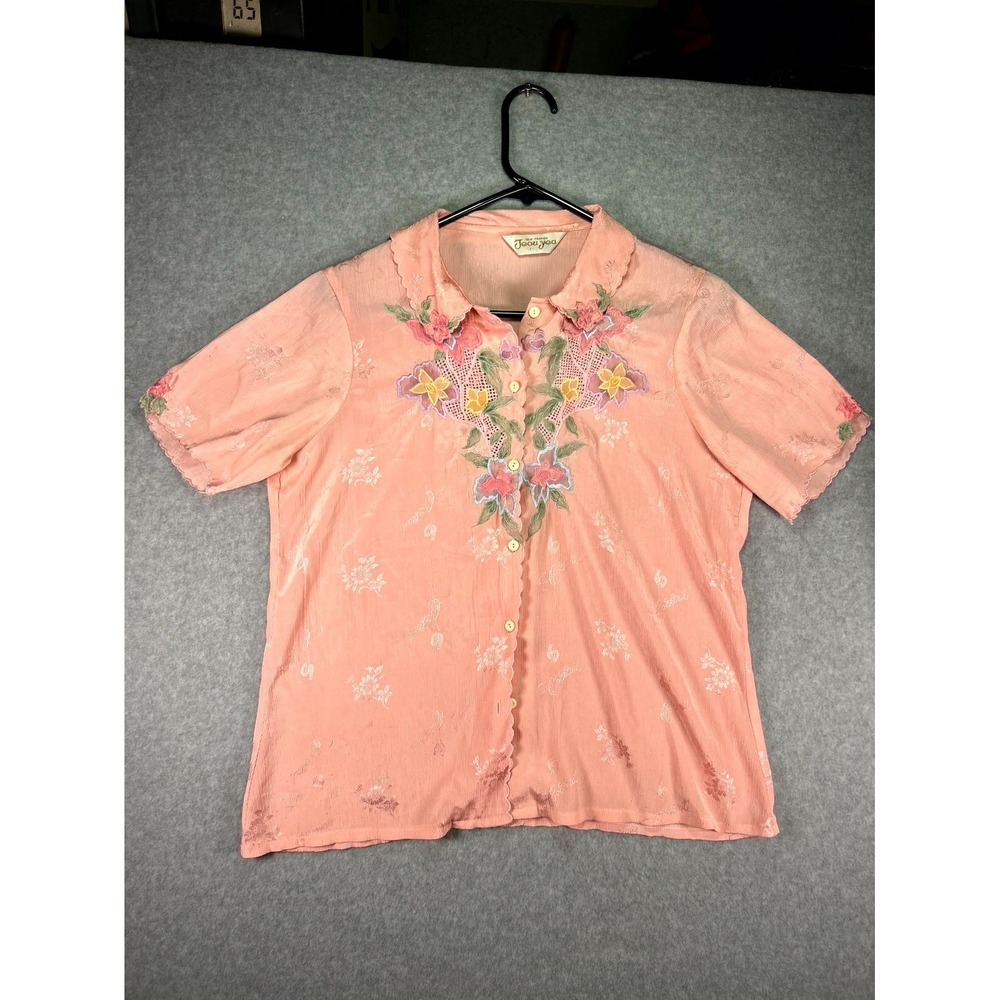 Vtg Jeou Yea Shirt Women Sz L Peach Floral Embroidered Scalloped Collar Cocktail